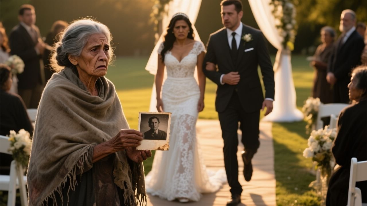 Anciana indigente interrumpiendo una elegante boda y entregando una fotografía antigua al novio sorprendido