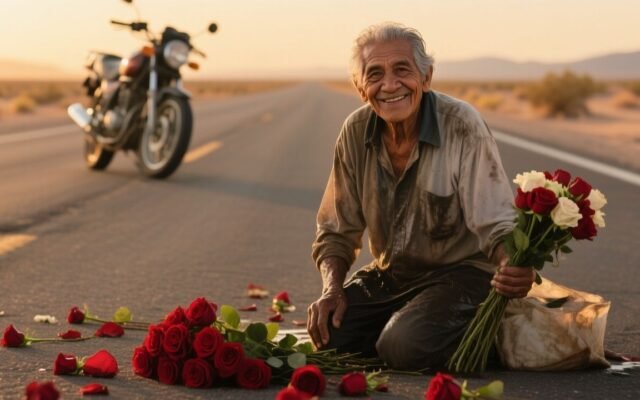 Motociclista robusto humillando a anciano vendedor de rosas en carretera solitaria mientras el anciano sonríe con astucia
