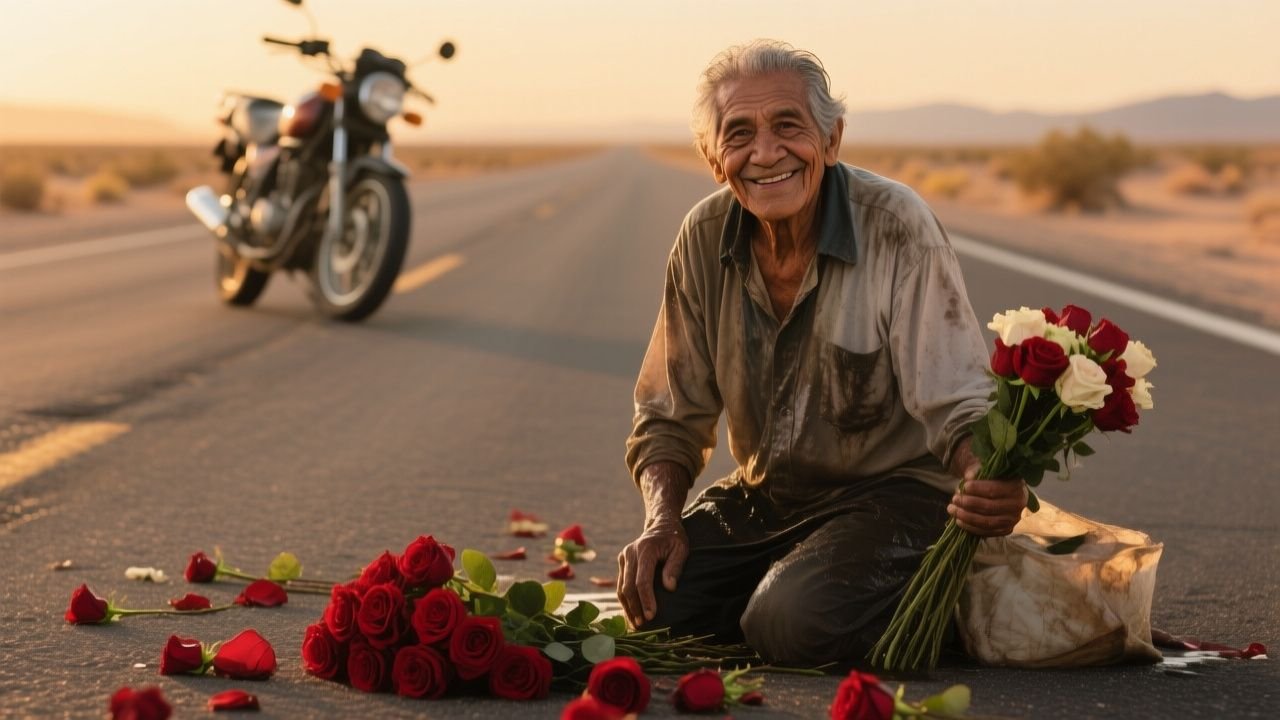 Motociclista robusto humillando a anciano vendedor de rosas en carretera solitaria mientras el anciano sonríe con astucia