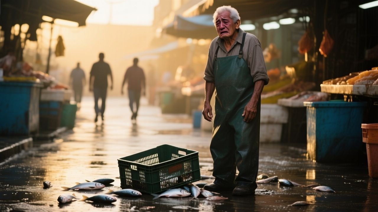 Don Ramiro de rodillas recogiendo las tablas de su caja de pescado rota en el piso del mercado de La Merced