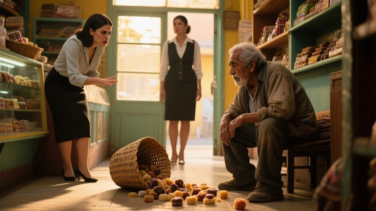 Anciano humilde con sombrero de palma sosteniendo una canasta de dulces de arrayán en el piso de una boutique