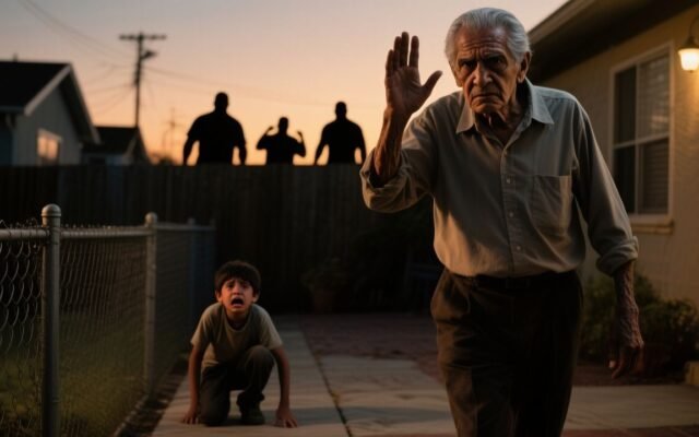 Abuelo de 72 años caminando despacio hacia el patio para salvar a su nieto del bebedero