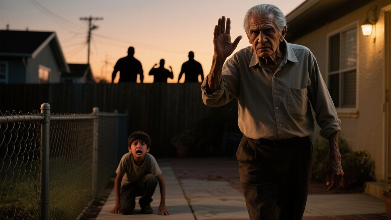 Abuelo de 72 años caminando despacio hacia el patio para salvar a su nieto del bebedero