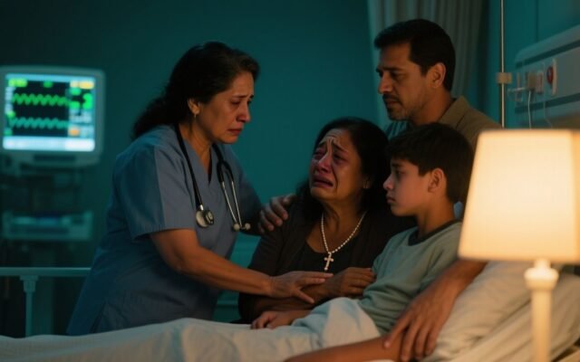 Familia reunida en el pasillo de un hospital esperando noticias sobre un niño enfermo en la sala de urgencias