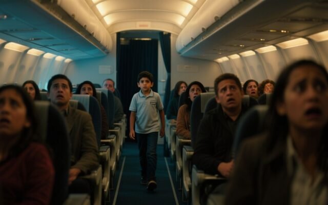 Niño de nueve años con camiseta azul caminando por el pasillo de un avión en emergencia hacia la cabina de pilotos