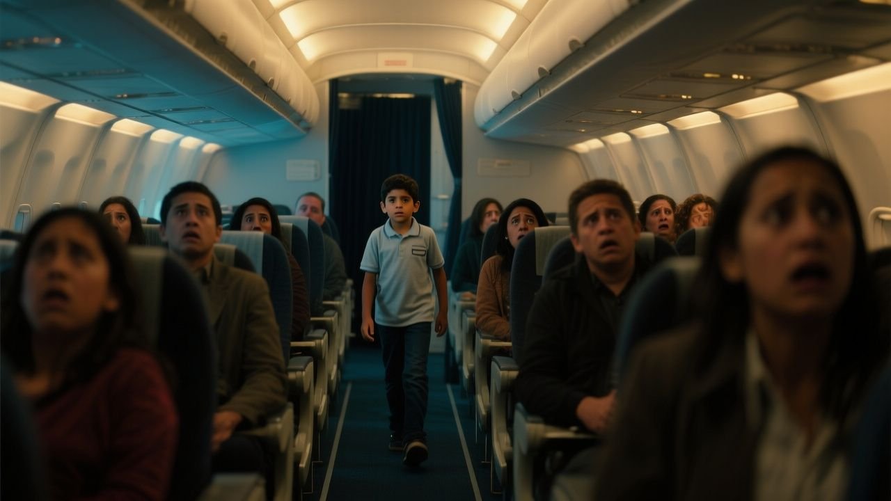 Niño de nueve años con camiseta azul caminando por el pasillo de un avión en emergencia hacia la cabina de pilotos