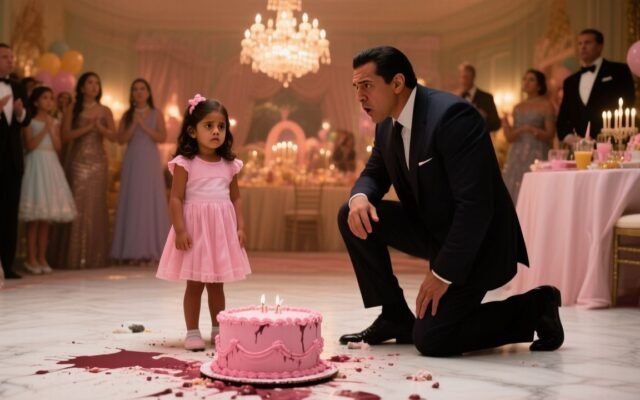 Pastel rosa de cumpleaños caído en el suelo de mármol mientras invitados observan en silencio