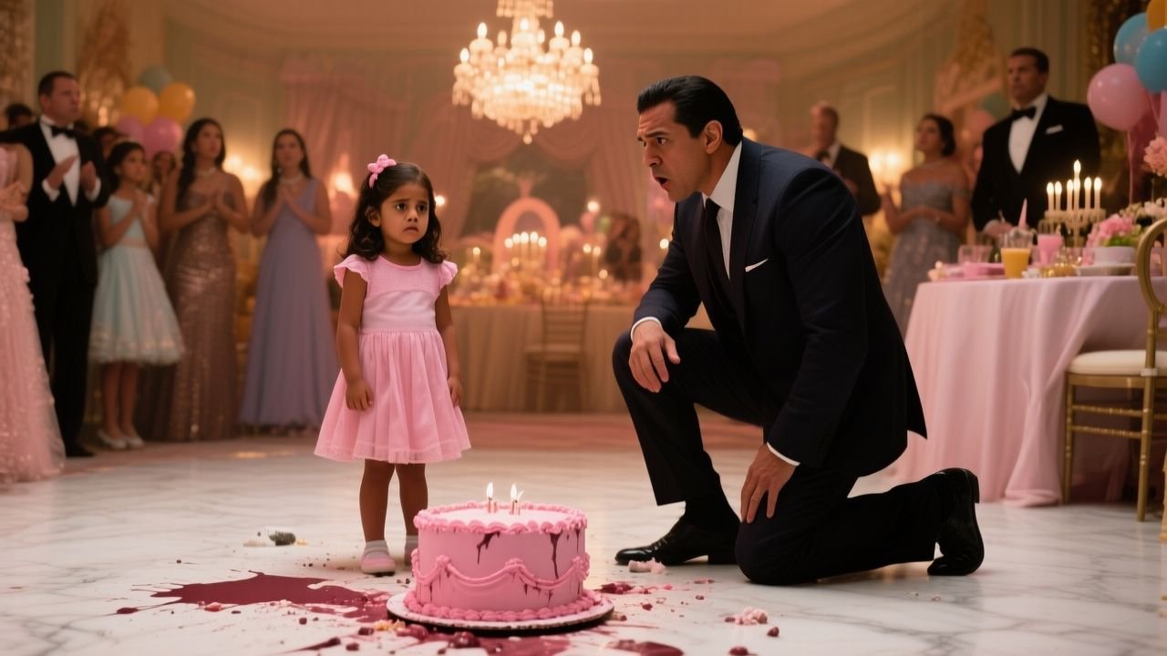Pastel rosa de cumpleaños caído en el suelo de mármol mientras invitados observan en silencio