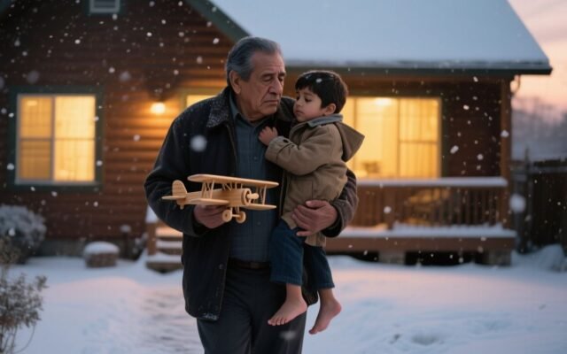 Abuelo abrazando a su nieto con un avión de madera en el salón familiar