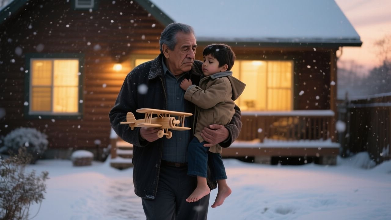 Abuelo abrazando a su nieto con un avión de madera en el salón familiar