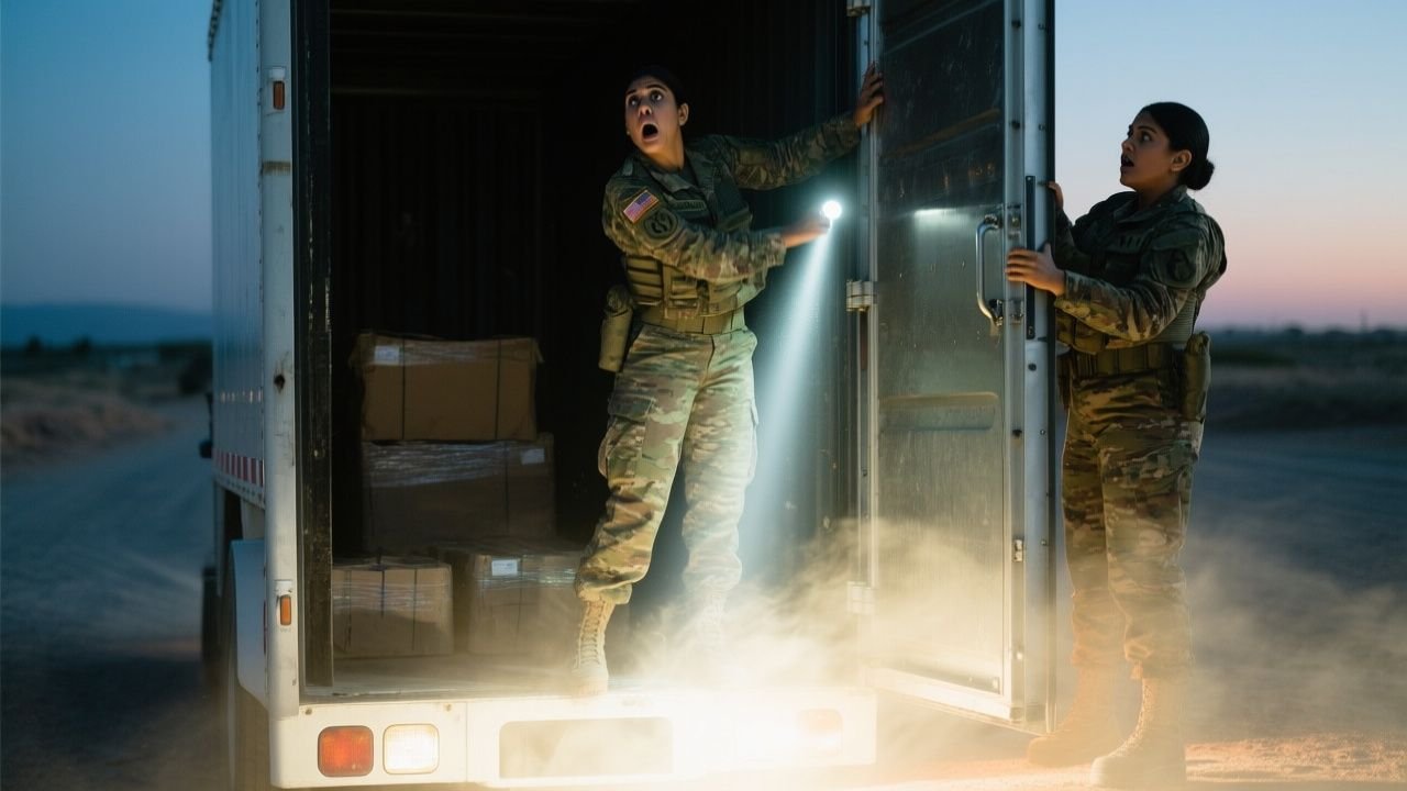 Sargento militar abriendo el compartimento de carga de un camión blanco de redilas en un retén nocturno