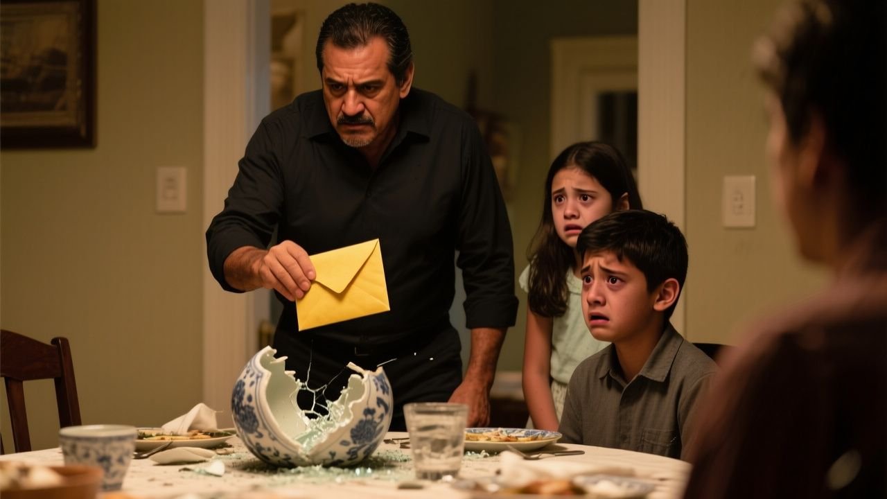 Sobre amarillo sellado tirado en el piso entre pedazos de un jarrón de porcelana roto durante la cena familiar