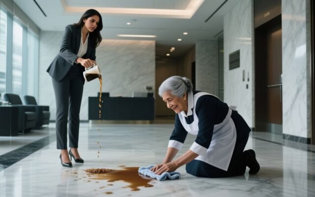 Anciana conserje arrodillada limpiando café derramado en el suelo de mármol de un lujoso lobby corporativo