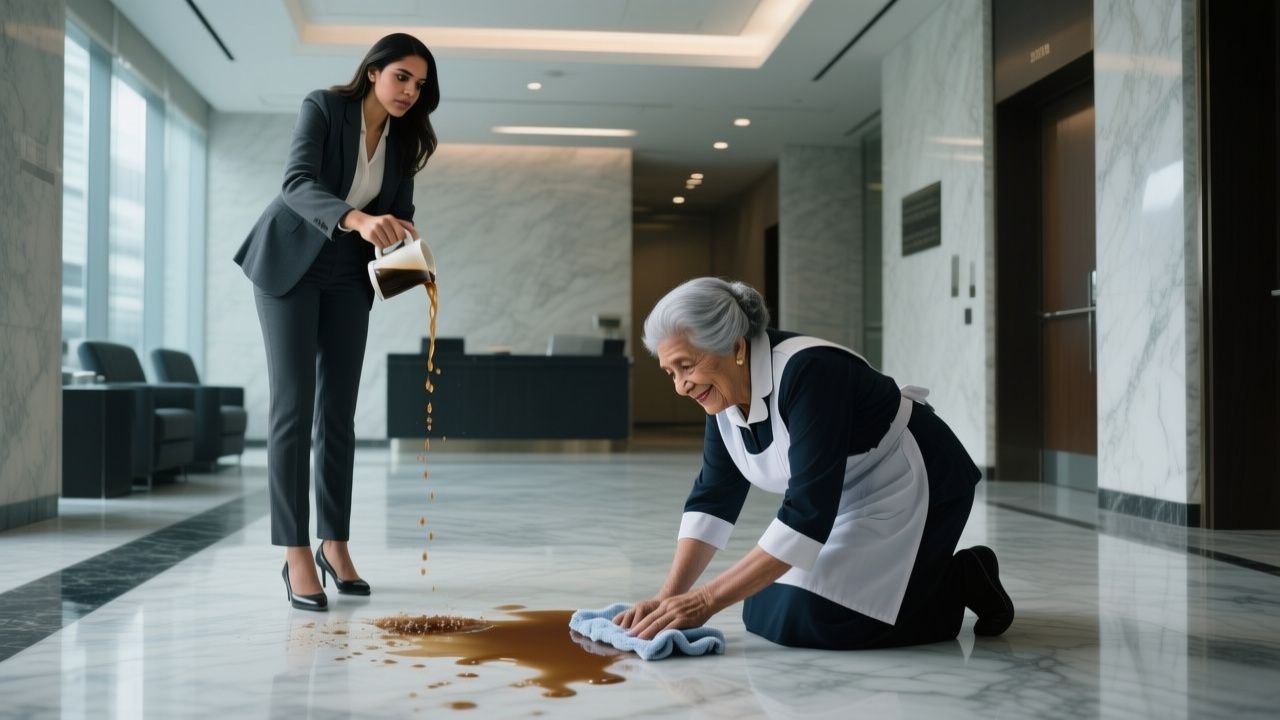 Anciana conserje arrodillada limpiando café derramado en el suelo de mármol de un lujoso lobby corporativo