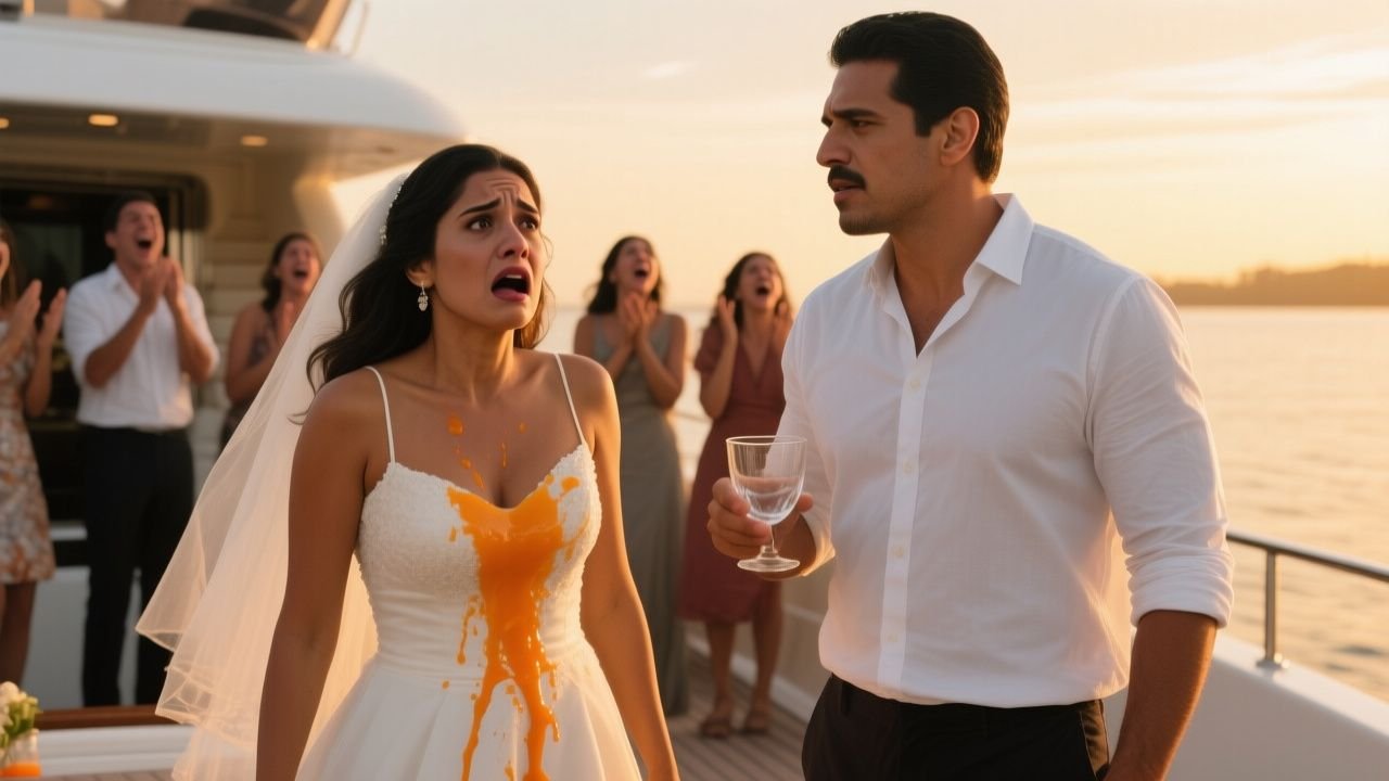 Novia con vestido blanco manchado de jugo de naranja en la cubierta de un yate, junto a un hombre con camisa de lino