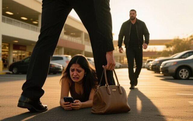 Hombre de traje pisando el bolso rosa de una niña en el estacionamiento de un centro comercial
