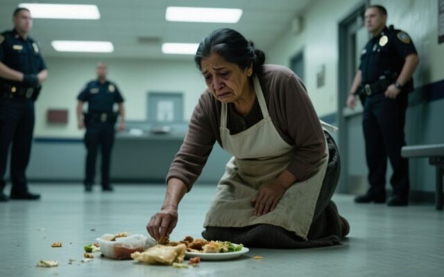 Doña Carmen recogiendo su comida del piso frente a la comandancia de Ecatepec mientras un guardia la observa
