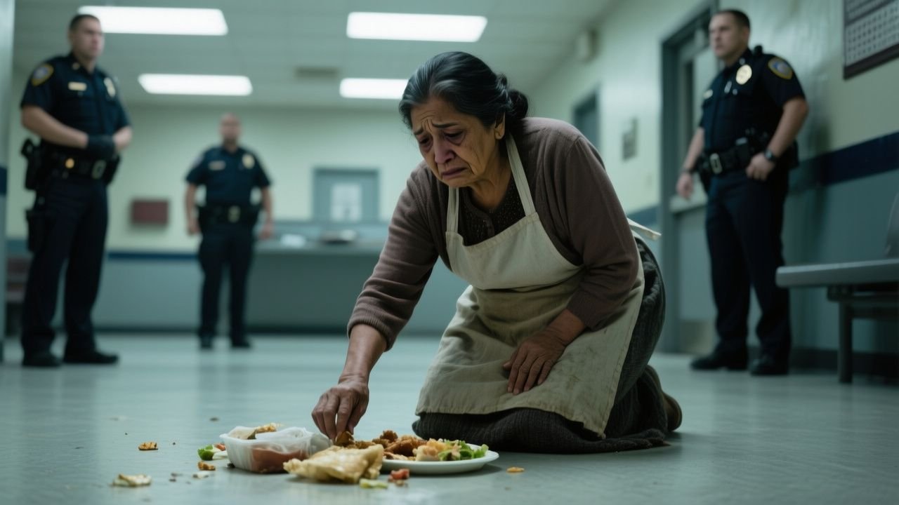 Doña Carmen recogiendo su comida del piso frente a la comandancia de Ecatepec mientras un guardia la observa