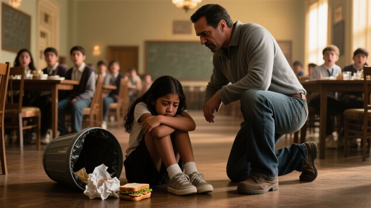 Padre agachado frente a su hija en el comedor escolar junto a un bote de basura y un sándwich en el piso