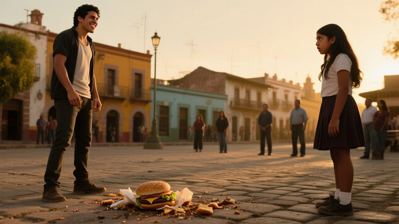 Muchacha de vestido amarillo mirando la hamburguesa tirada en el suelo de la plaza mientras Rubén sostiene la charola vacía