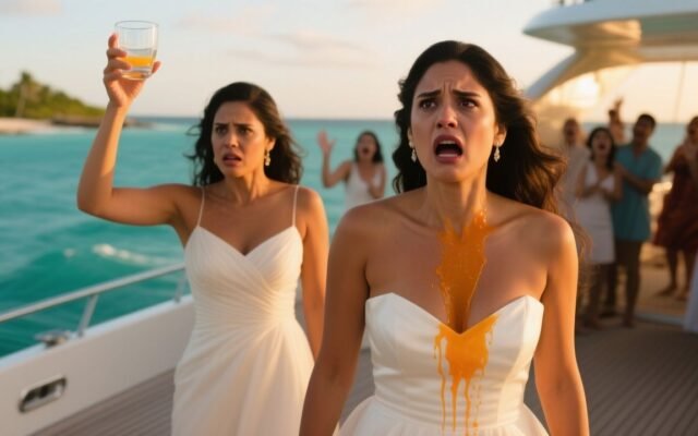 Novia con vestido blanco manchado de jugo de mango en la cubierta de un yate en Cap Cana