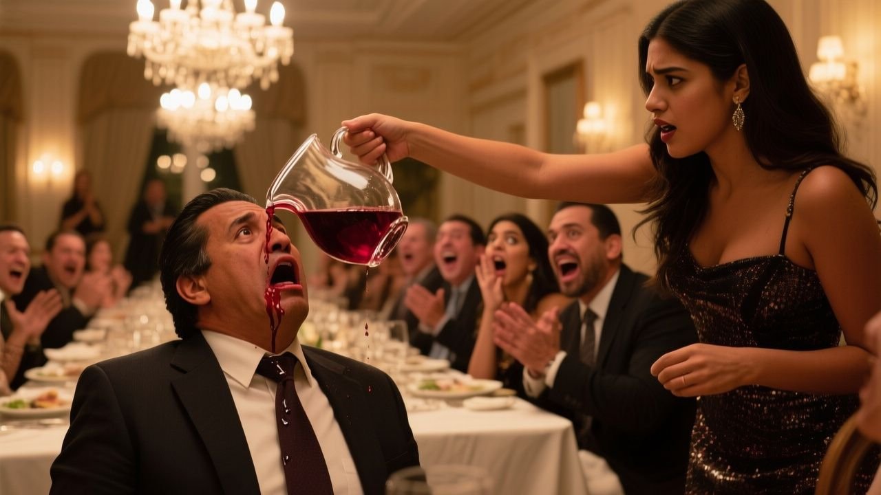 Mujer con vestido marfil empapado de vino tinto frente a un salón de fiesta lleno de invitados sorprendidos