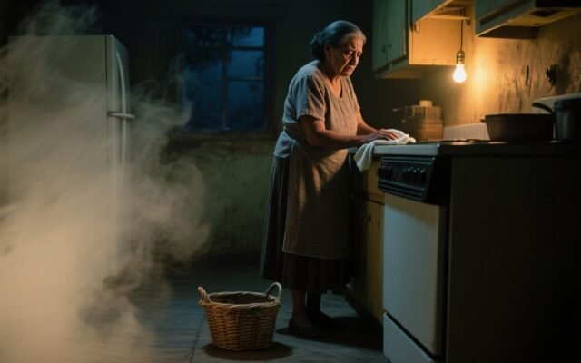 Doña Rosa sentada junto a la estufa mirando cuadernos viejos dentro de un canasto de mimbre en la cocina