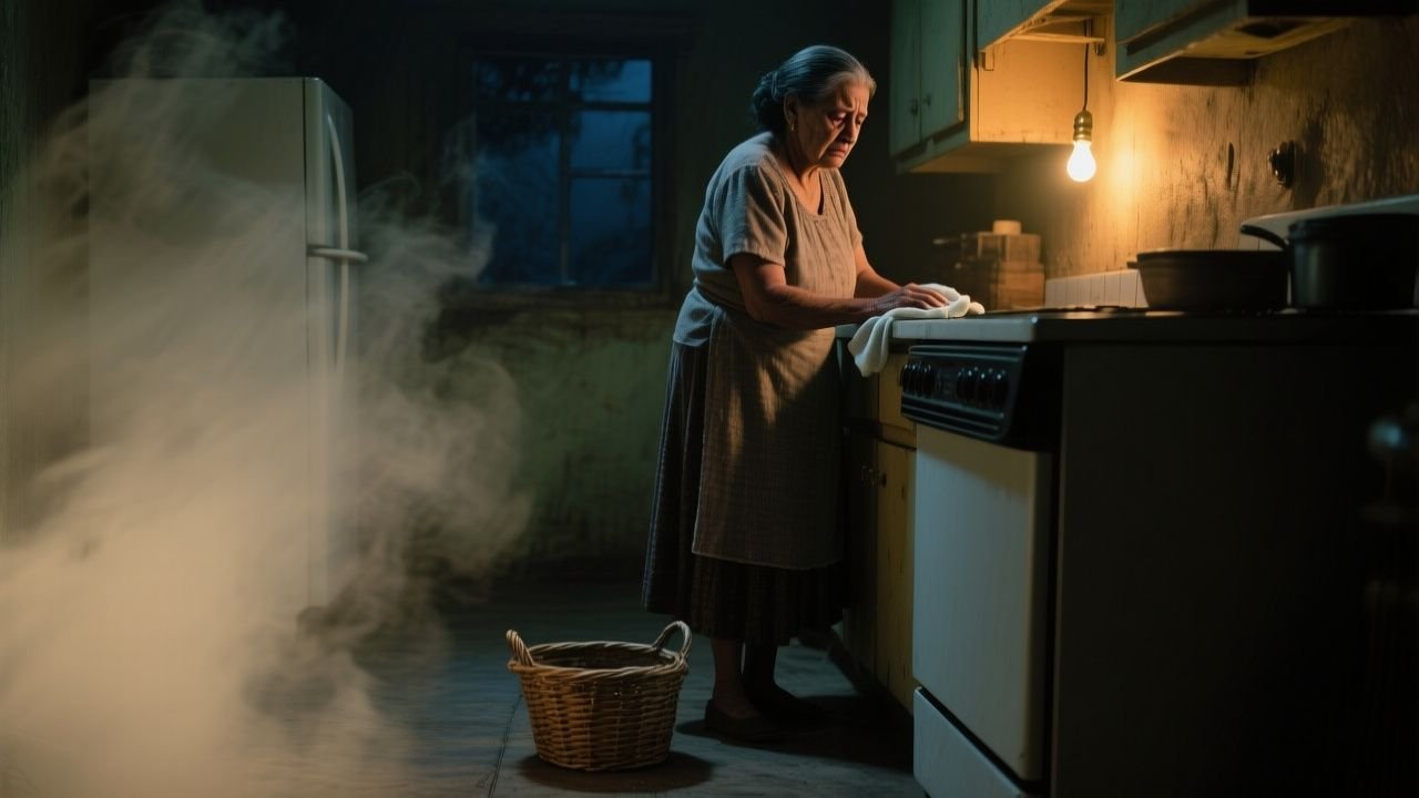 Doña Rosa sentada junto a la estufa mirando cuadernos viejos dentro de un canasto de mimbre en la cocina