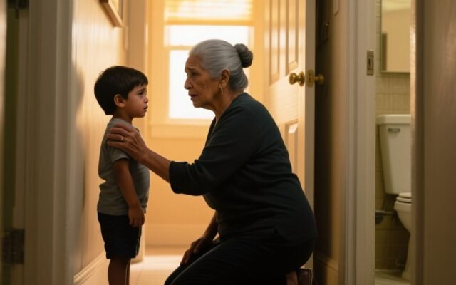 Abuela preocupada esperando afuera del baño a su nieto en un centro comercial lleno de gente