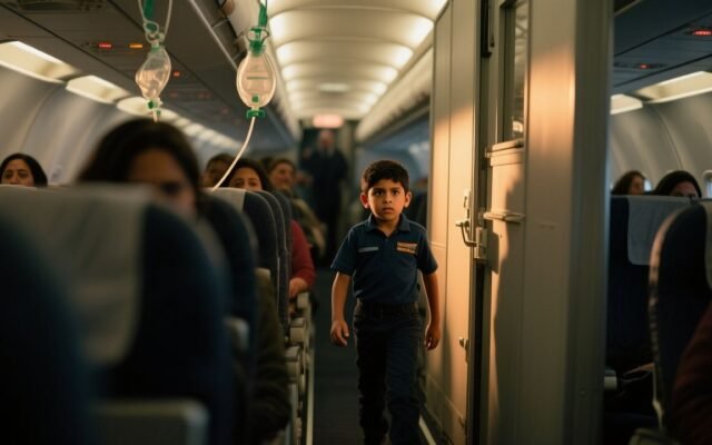 Niño de 9 años caminando por el pasillo de un avión en medio de pasajeros asustados durante una emergencia