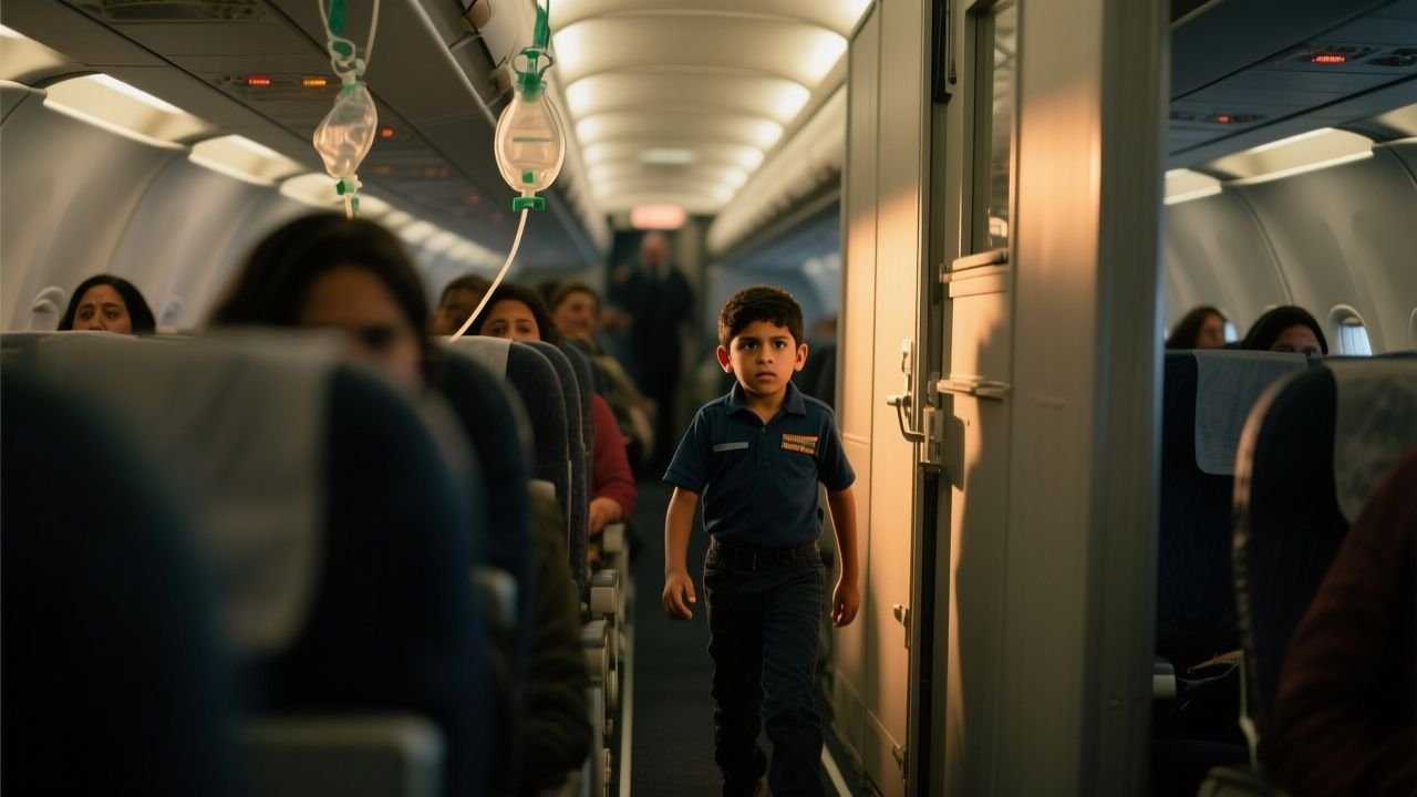 Niño de 9 años caminando por el pasillo de un avión en medio de pasajeros asustados durante una emergencia