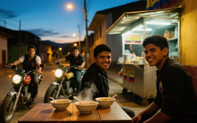 Tres motorizados con cascos negros saliendo del local de sopas de doña Rosario en Loja sin pagar la cuenta