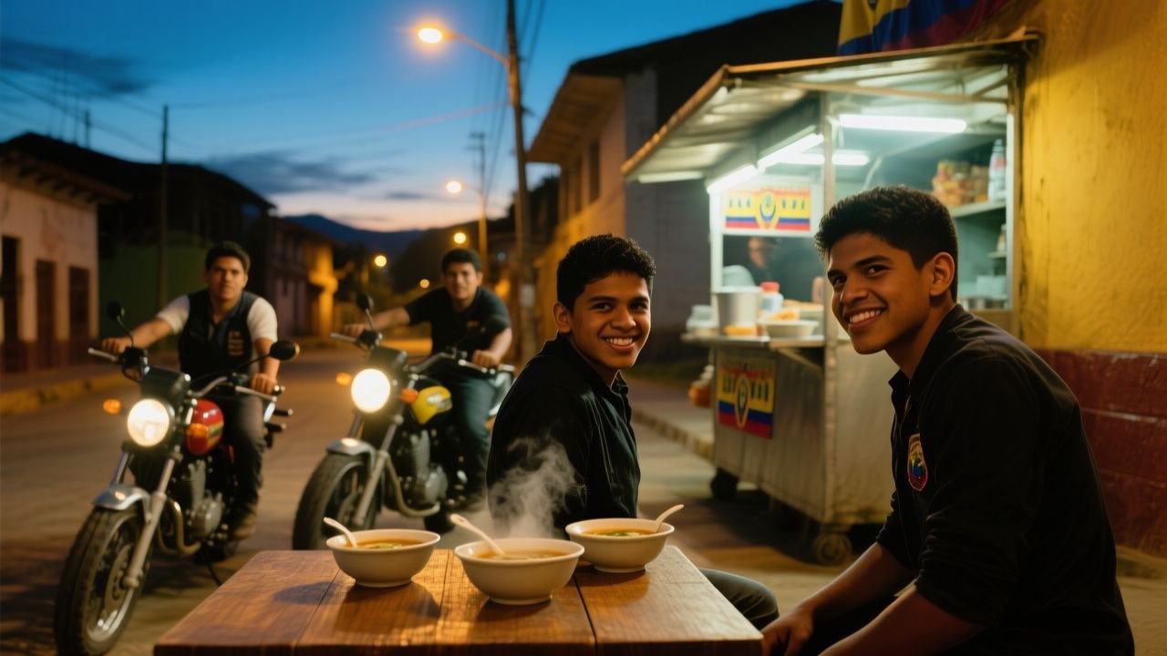 Tres motorizados con cascos negros saliendo del local de sopas de doña Rosario en Loja sin pagar la cuenta