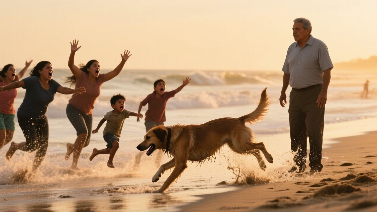 Perro flaco junto a un niño en la orilla de la playa mientras la gente observa la escena