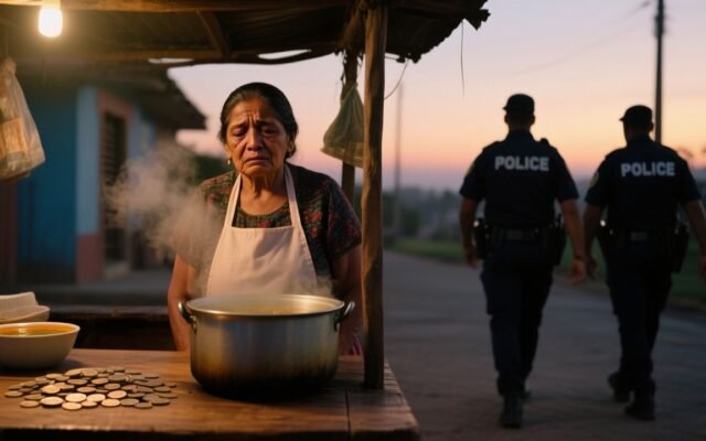 Doña Rosalba junto a su puesto de sopas en el barrio San Miguel, sosteniendo su libreta azul donde anota cada cuenta