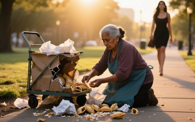 Doña Rosa, anciana vendedora de empanadas, sonríe mientras sostiene un teléfono tras recoger su mercancía del suelo
