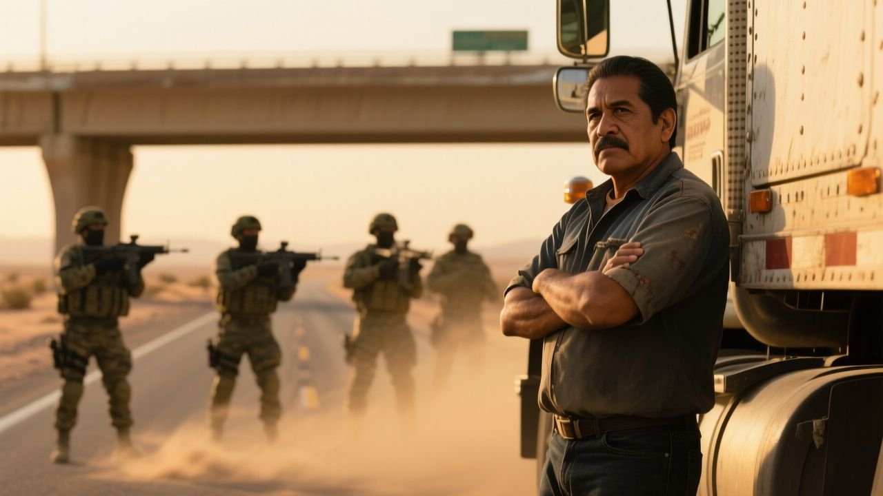 Camionero veterano frente a grupo armado en puente oxidado de carretera desértica al atardecer