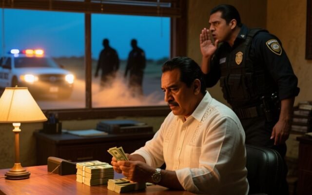 El Patrón contando fajos de billetes en una mesa de madera del rancho La Esperanza bajo la sombra de un mezquite