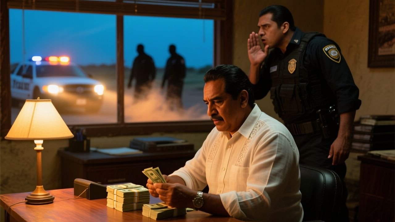 El Patrón contando fajos de billetes en una mesa de madera del rancho La Esperanza bajo la sombra de un mezquite