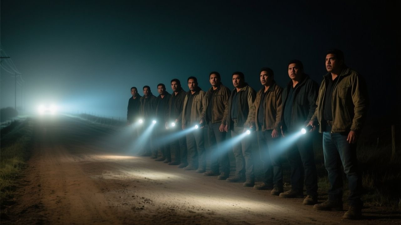 Diez agentes con linternas en un retén nocturno en una brecha de terracería entre dos cerros, esperando un cargamento