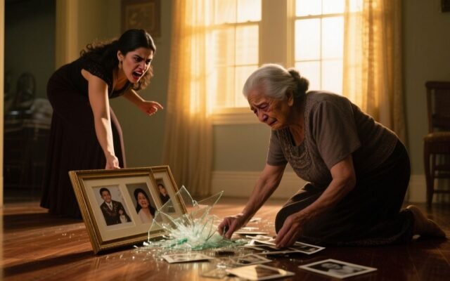 Suegra arrodillada recogiendo fotos rotas del suelo mientras su nuera la observa con desprecio