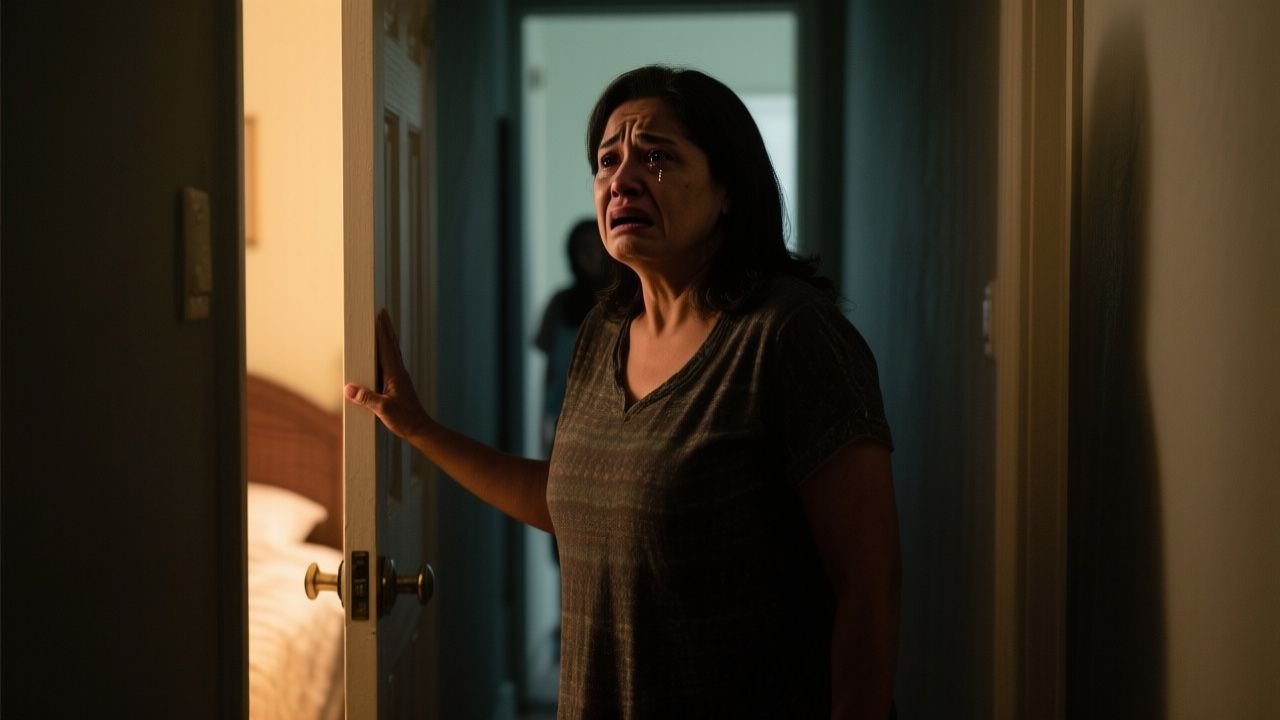Madre frente a la puerta cerrada del cuarto de su hijo, escuchando una voz susurrar ya no aguanto más mamá