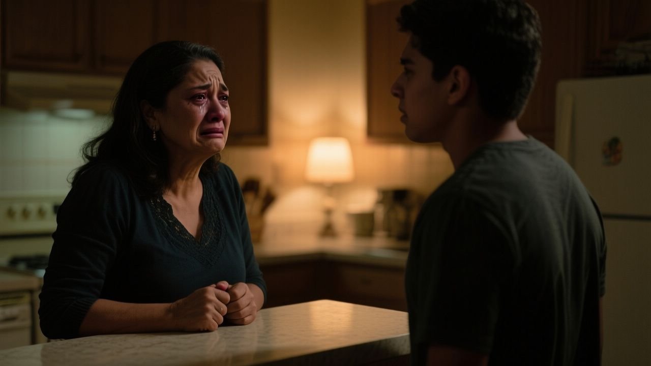 Madre e hijo conversando en una cocina de noche, con expresión de dolor y verdad revelada